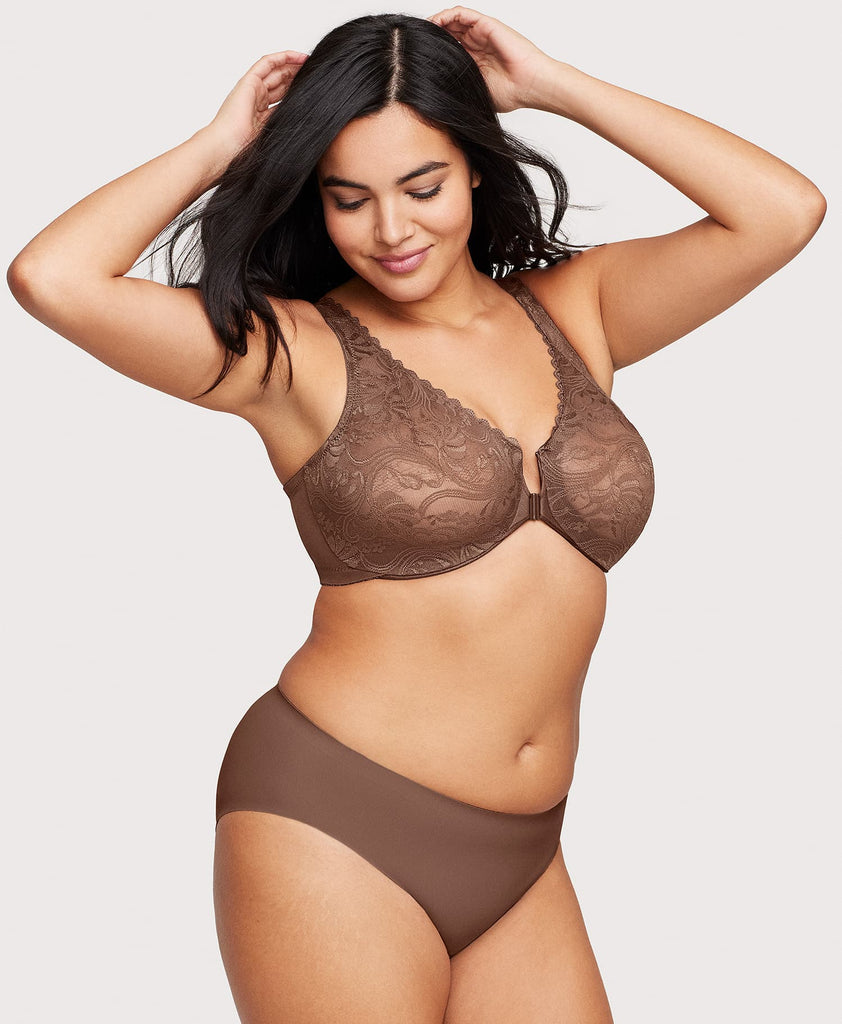 WonderWire Front-Closure Stretch Lace Bra Mocha | Glamorise Plus