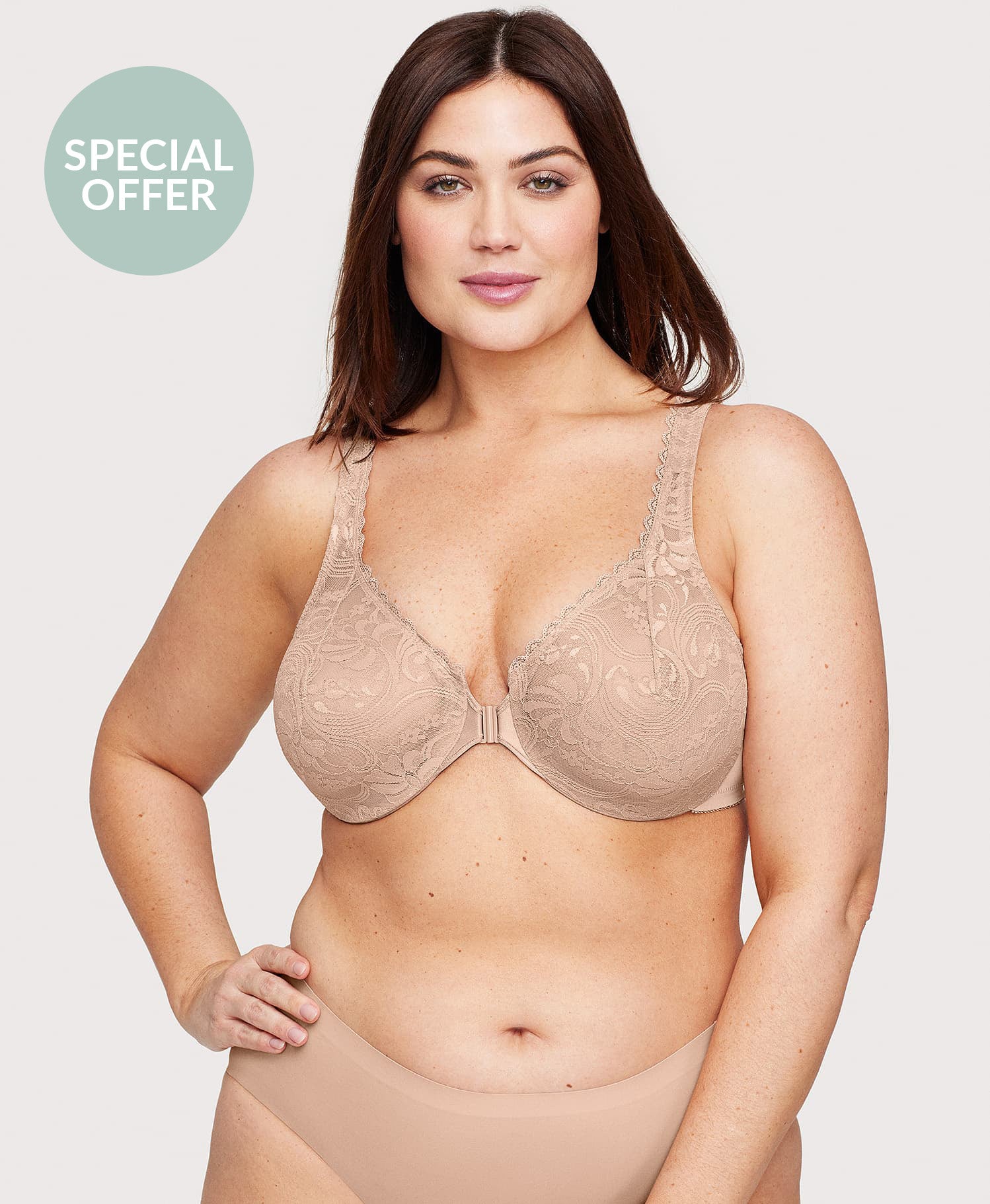 Front Closure Stretch Lace WonderWire Bra Cafe