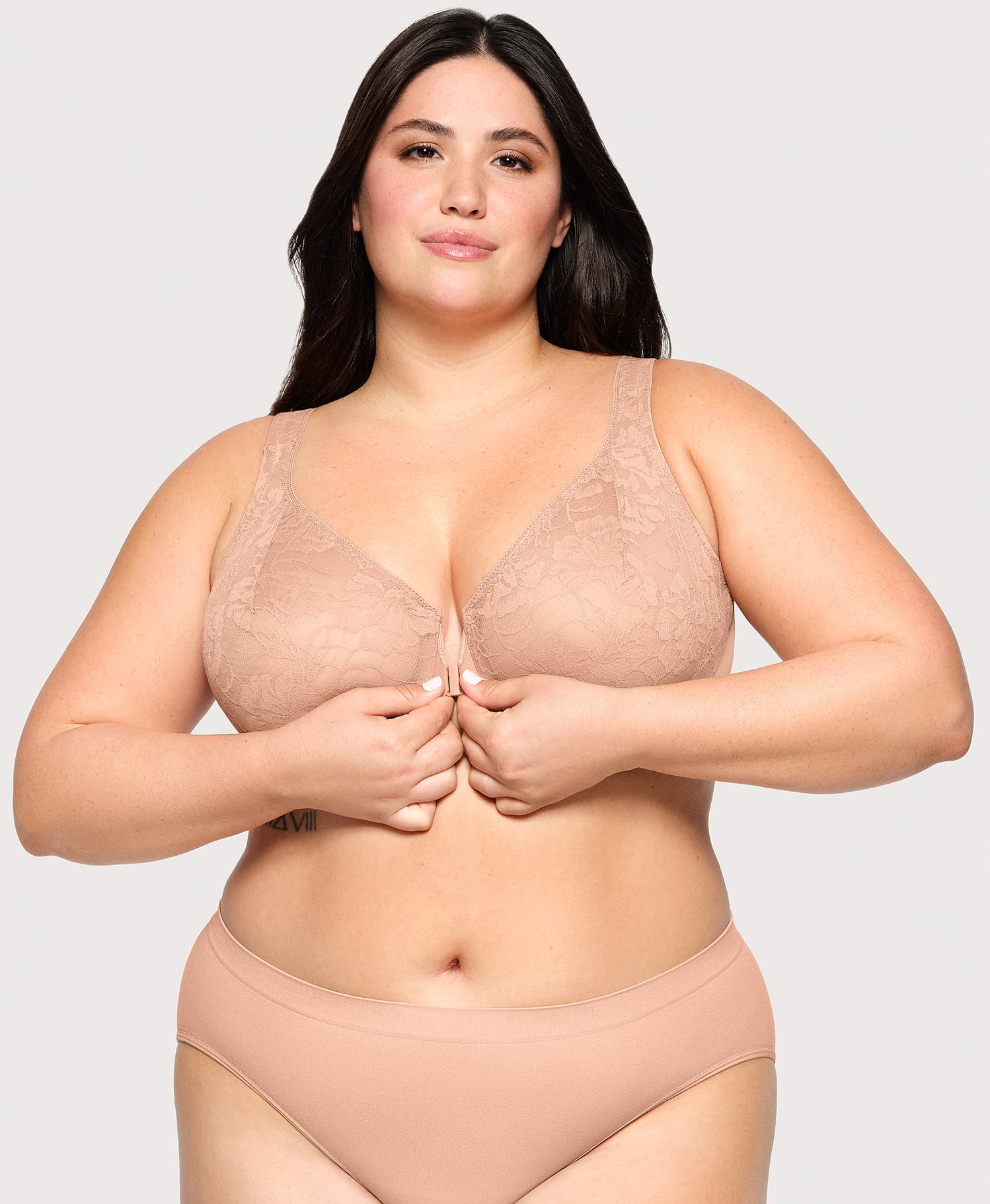Front Closure Lacey T Back WonderWire Bra Cappuccino